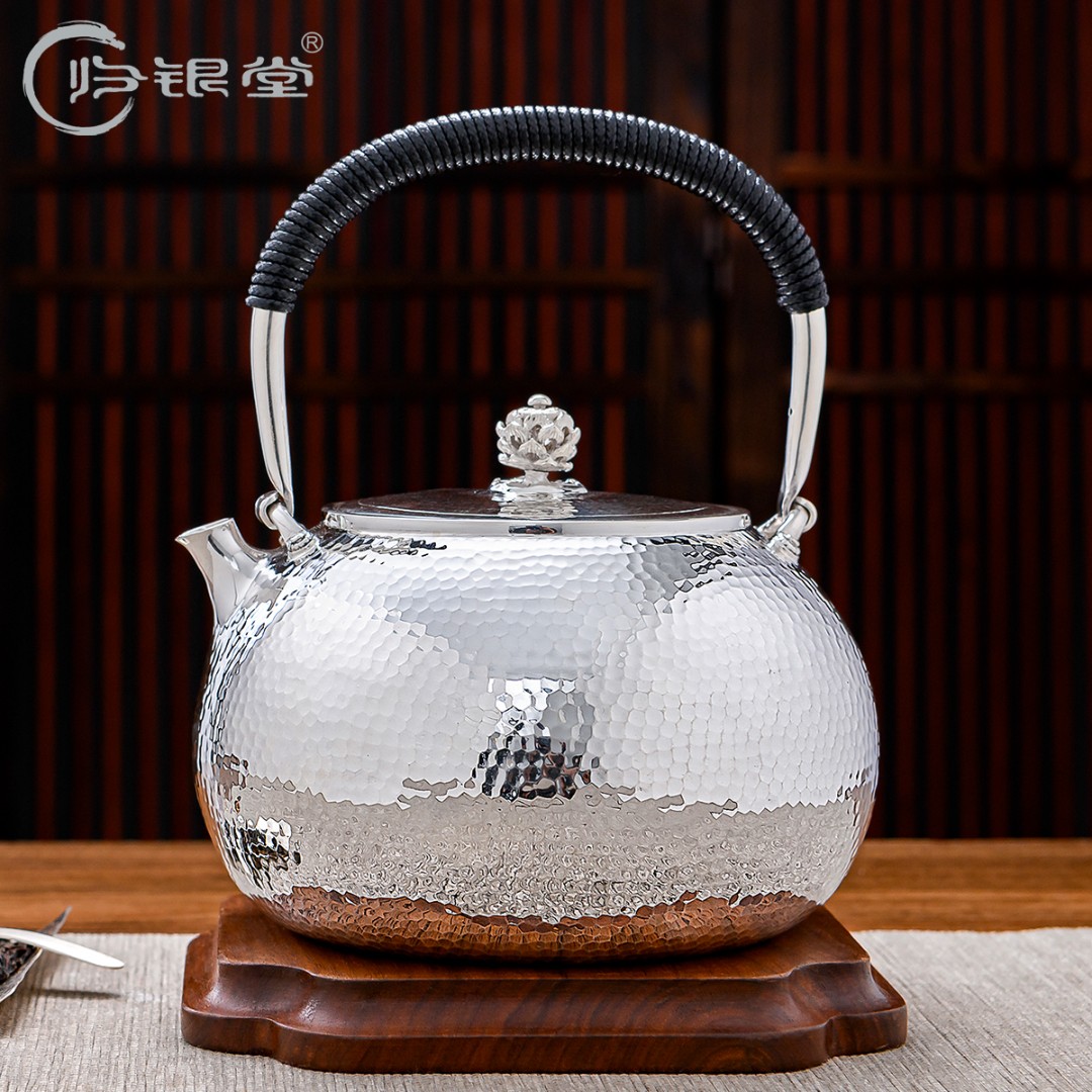 归银堂足银999莲花摘镜面烧水壶提梁壶手工茶壶茶具GS-HSSH220904