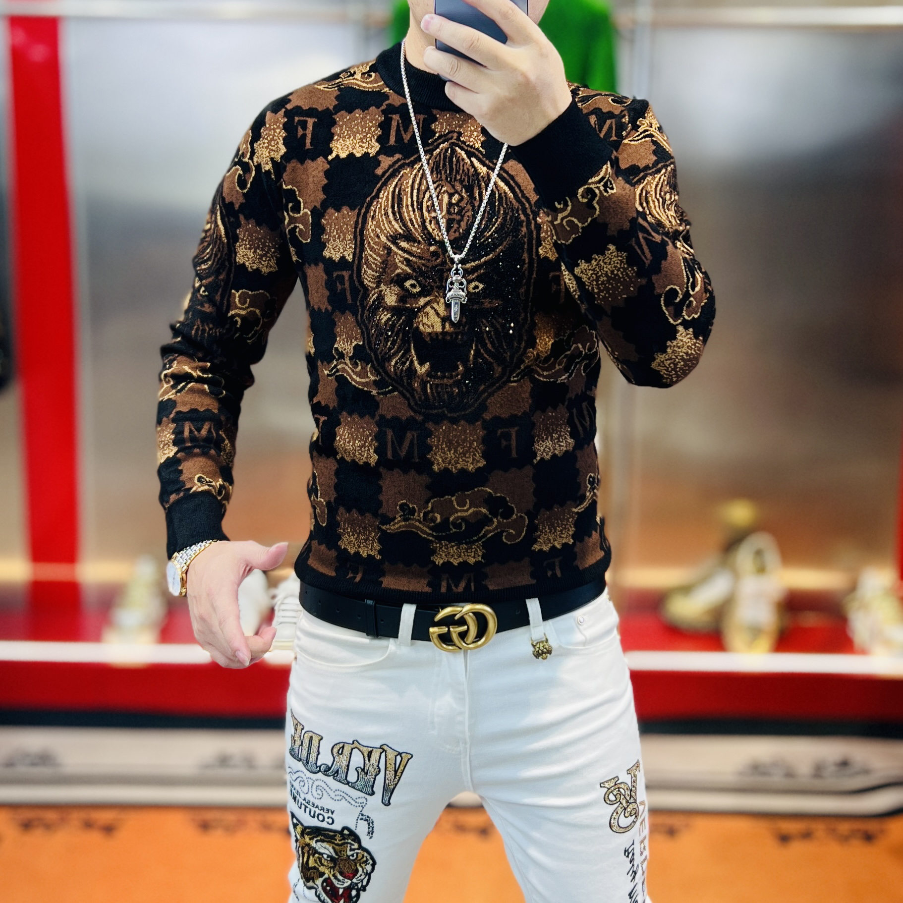 欧洲站2025时尚修身秋冬新款摩卡绒加厚烫钻提花百搭轻奢高弹毛衣