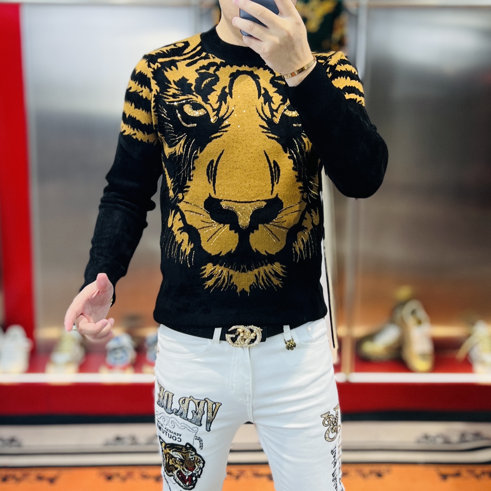 秋冬新款高清提花烫钻大虎头时尚百搭潮流痞帅轻奢欧货男士毛衣潮