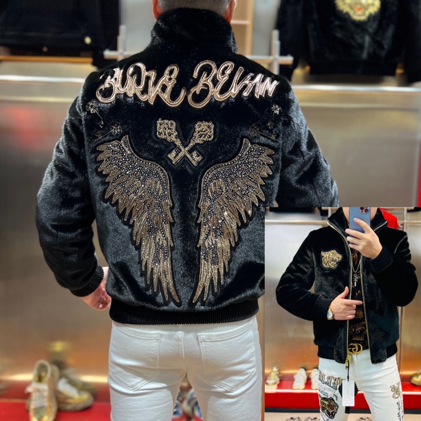 冬季男士新款刺绣烫钻高品质时尚百搭潮流痞帅轻奢毛外套夹克