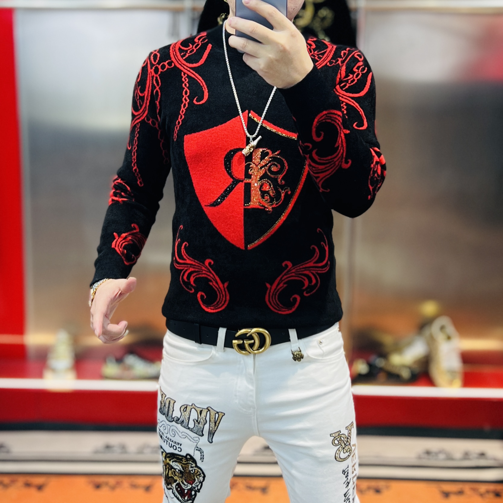 欧洲站秋冬男士欧货时尚潮流提花字母摩卡绒圆领针织打底毛衣