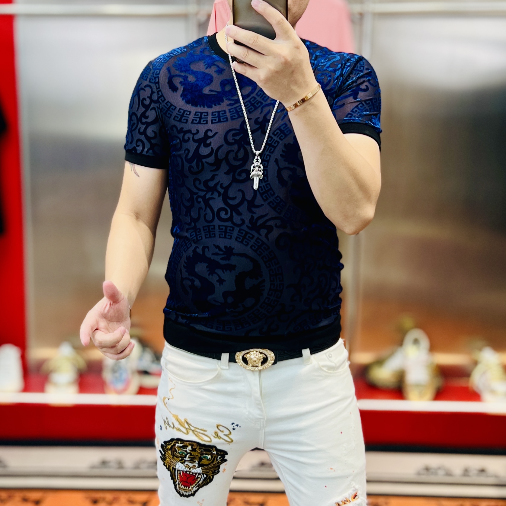 夏季新款满版暗纹小龙提花植绒时尚百搭修身显瘦高定男士冰丝短袖
