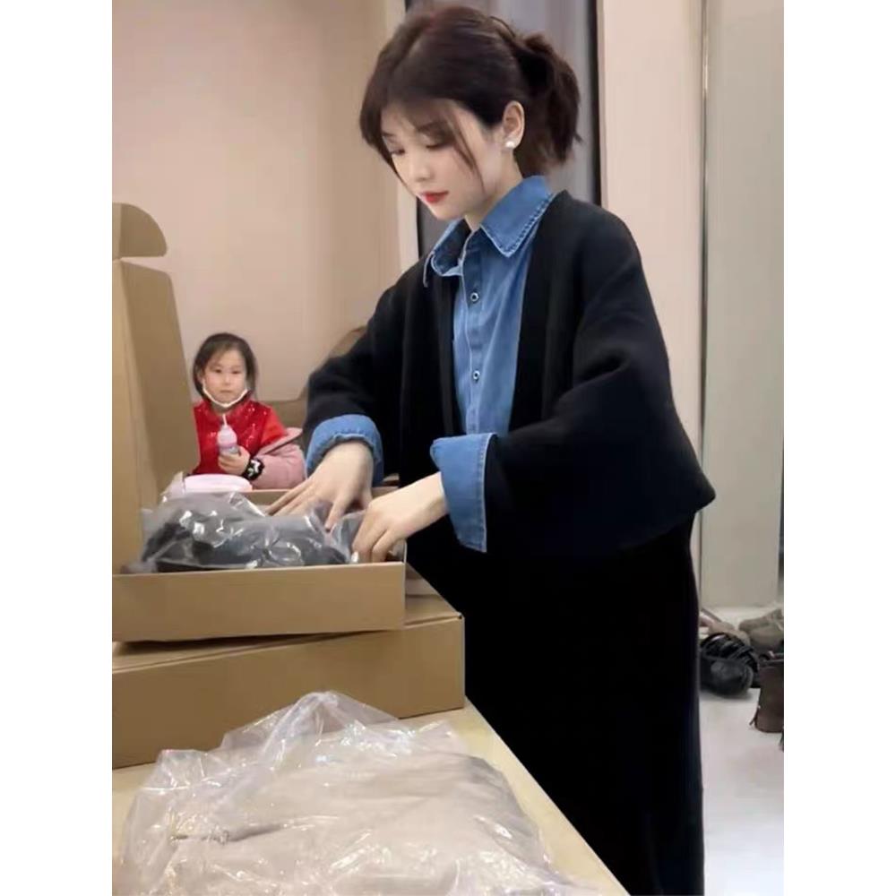 黑色中长款针织开衫宽松慵懒风毛衣外套女2023新款秋冬小香风穿搭