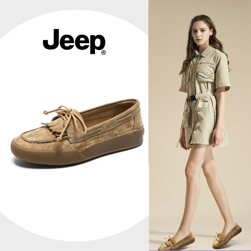 Jeep/吉普女鞋流苏豆豆鞋2023款一脚蹬真皮乐福鞋蝴蝶结浅口单鞋