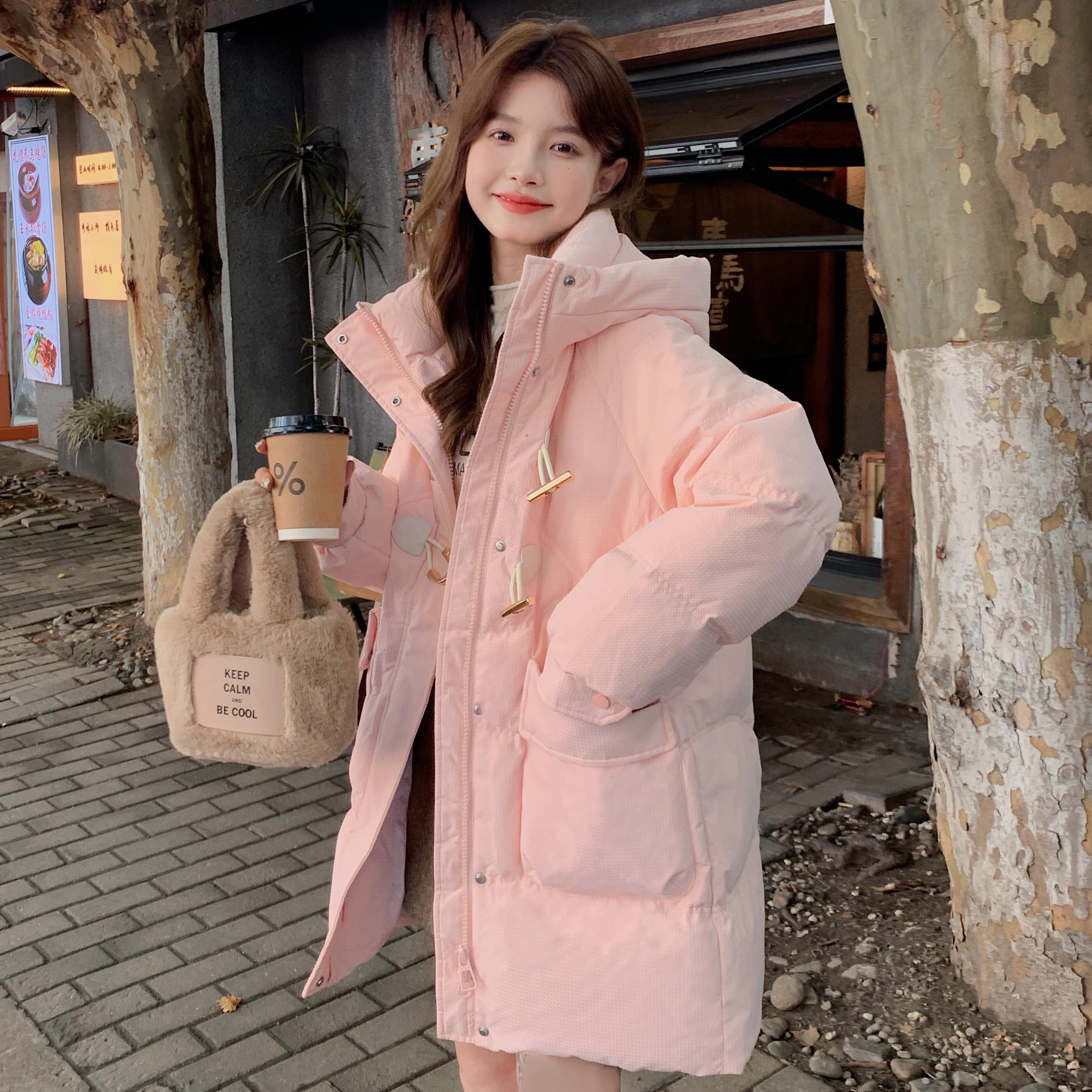 奶fufu粉色保暖棉服女冬2023新款韩系时尚可爱甜美牛角扣棉衣外套