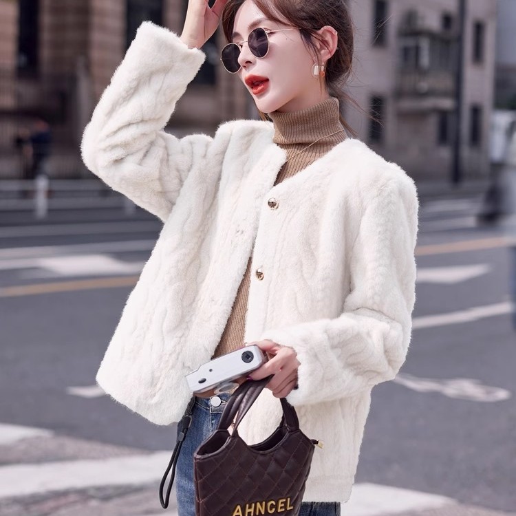 秋冬季网红短款洋气上衣外套女圆领皮毛一体毛毛网红毛毛爆款高端