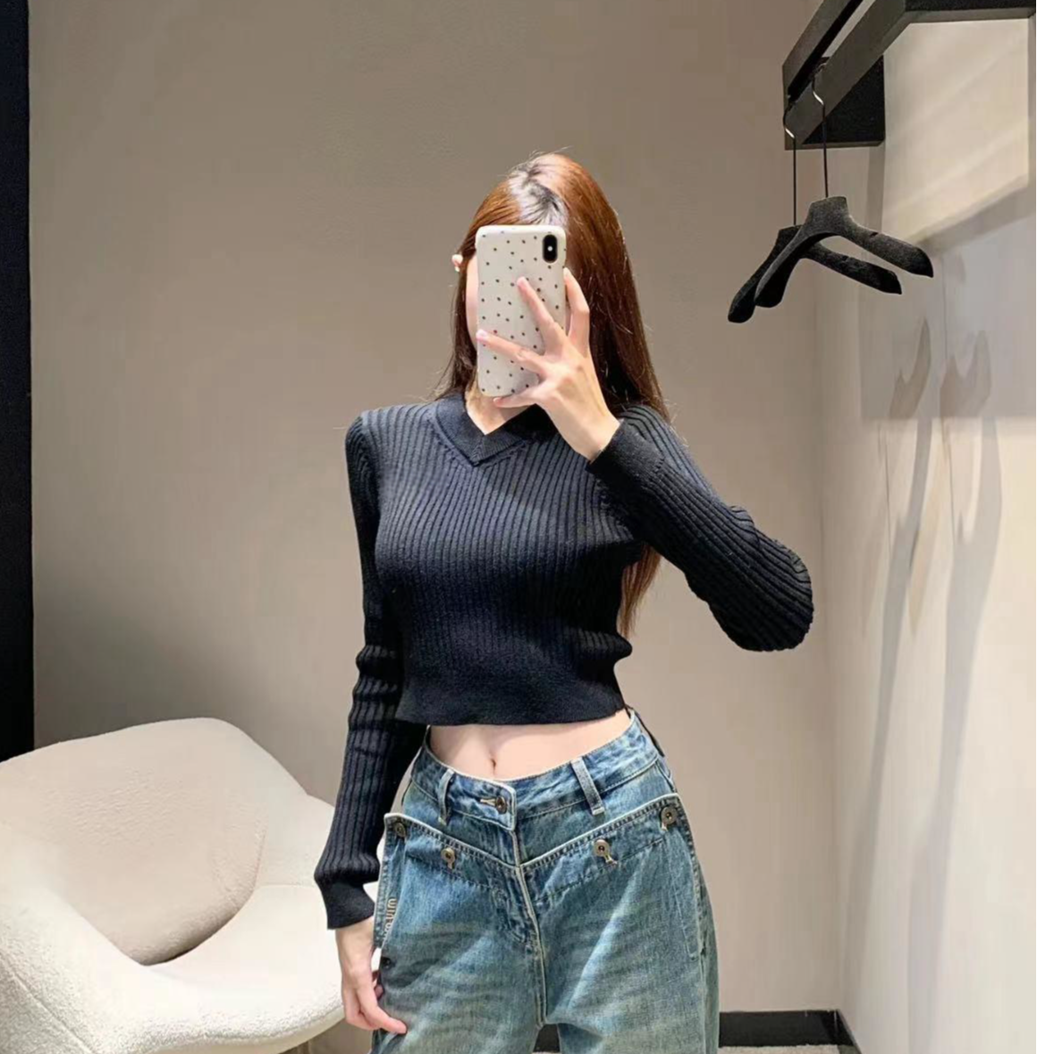 【LL】M家新款V领短款针织长袖