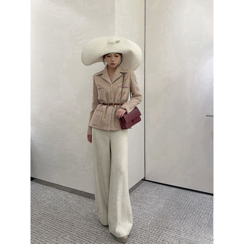 【LL】香家新款浅粉暗格粗花呢外套上衣