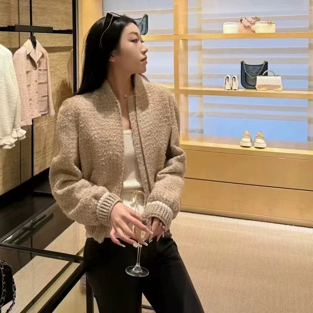 【LL】香家新款粉色粗花呢夹克立领外套