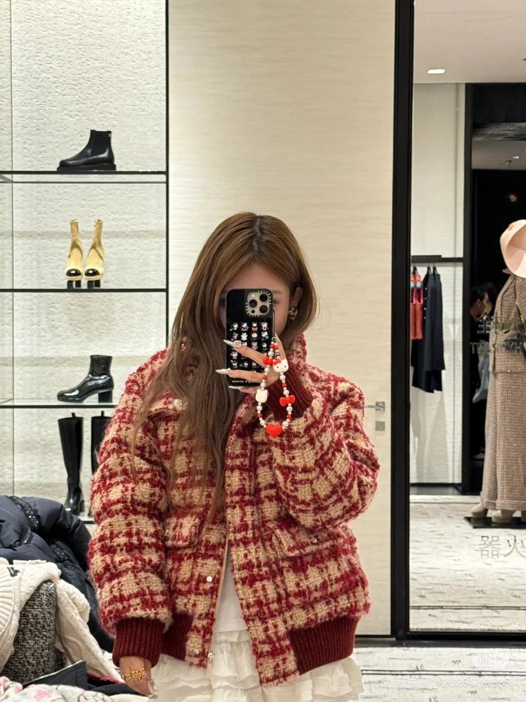 【LL】香家新款小红格纹编织外套