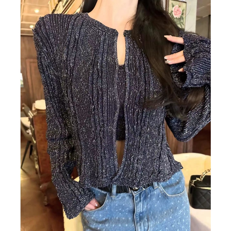 【LL】香家浅蓝色三扣银丝开衫