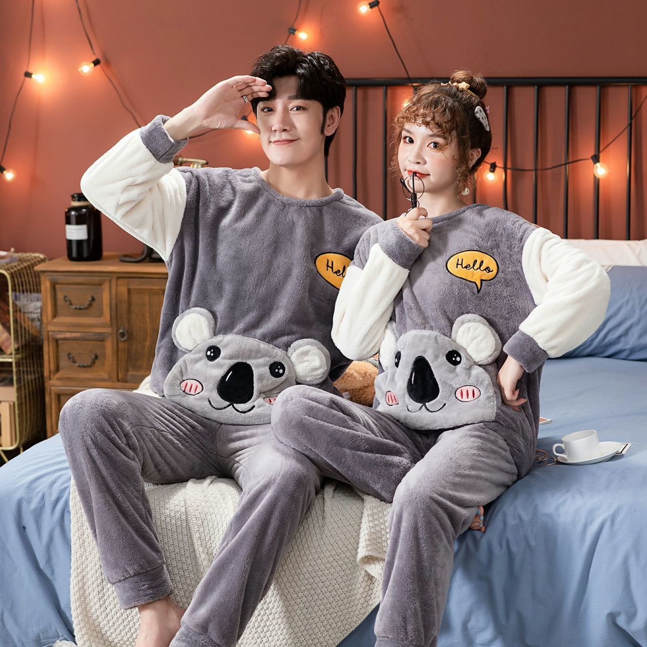 法兰绒情侣睡衣女冬季卡通可爱加厚珊瑚绒大码男女长袖家居服套装
