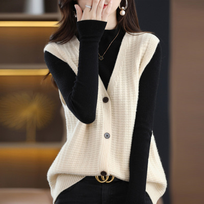 羊毛正反针方块女士秋冬V领开衫马甲新款
