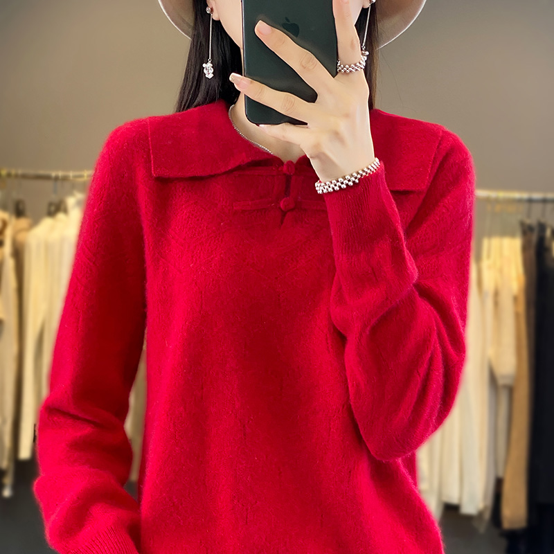 长袖套头纯色2024年秋季翻领简约盘扣显瘦100%羊毛衫