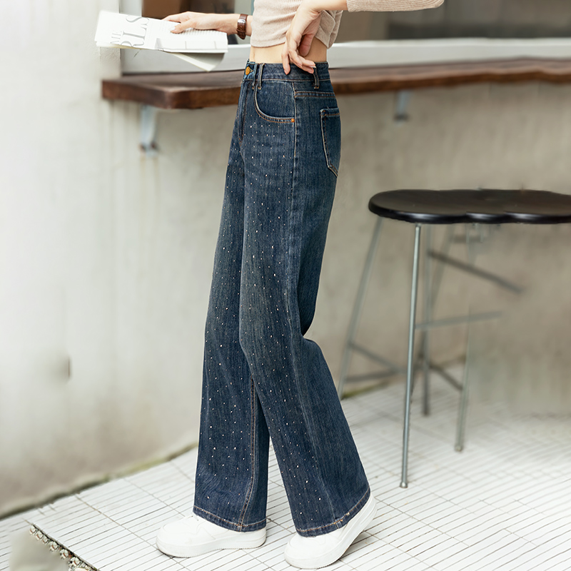 深色烫钻牛仔裤子女新款薄款高腰显瘦百搭上班休闲直筒宽松阔腿裤