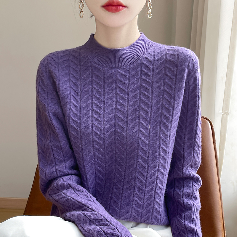 时尚女半高领羊毛衫优雅紫色树丫花纹设计100%纯羊毛保暖舒适