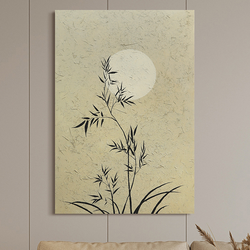 忒派节节高竹子圆月新中式手绘油画《竹月》侘寂禅意客厅玄关装饰画