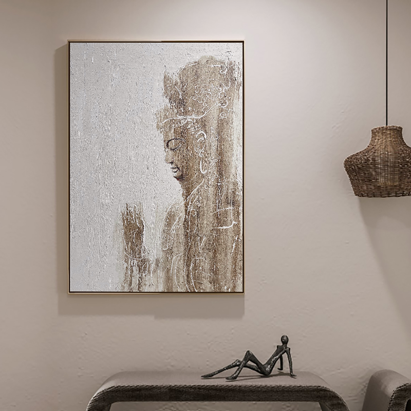 忒派《慧定澄明》新中式客厅挂画禅意茶室纯手绘油画佛像装饰画