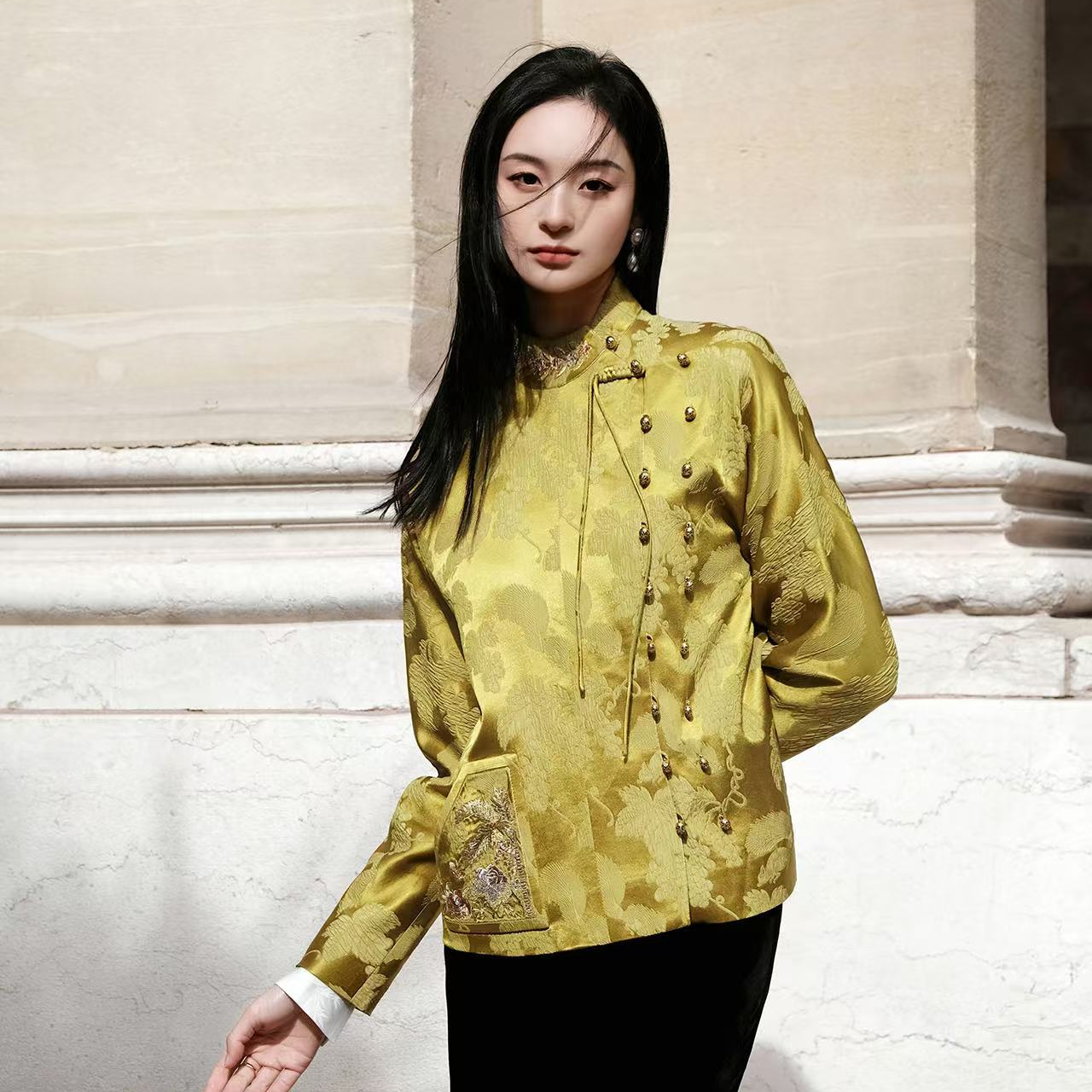 东方镜 x 郭培丨芥末黄刺绣提花新中式上衣