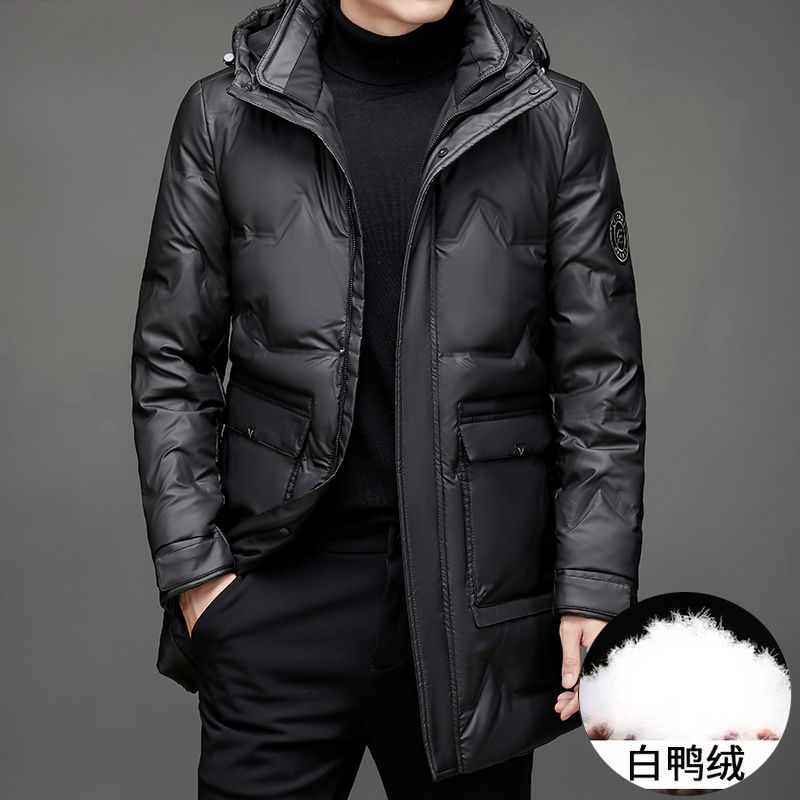 冬季新款男士亮皮羽绒服中长款亮面加厚免洗鸭绒外套