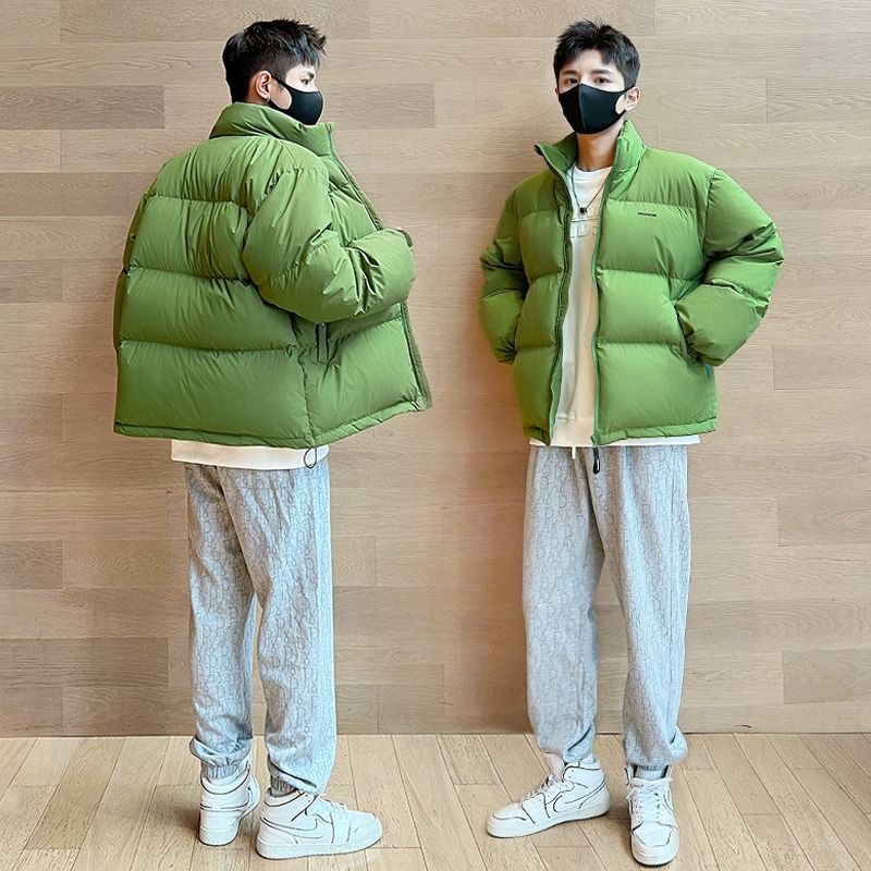 男士羽绒服潮牌短款冬季2023年新款绿色宽松加厚白鸭绒面包服外套