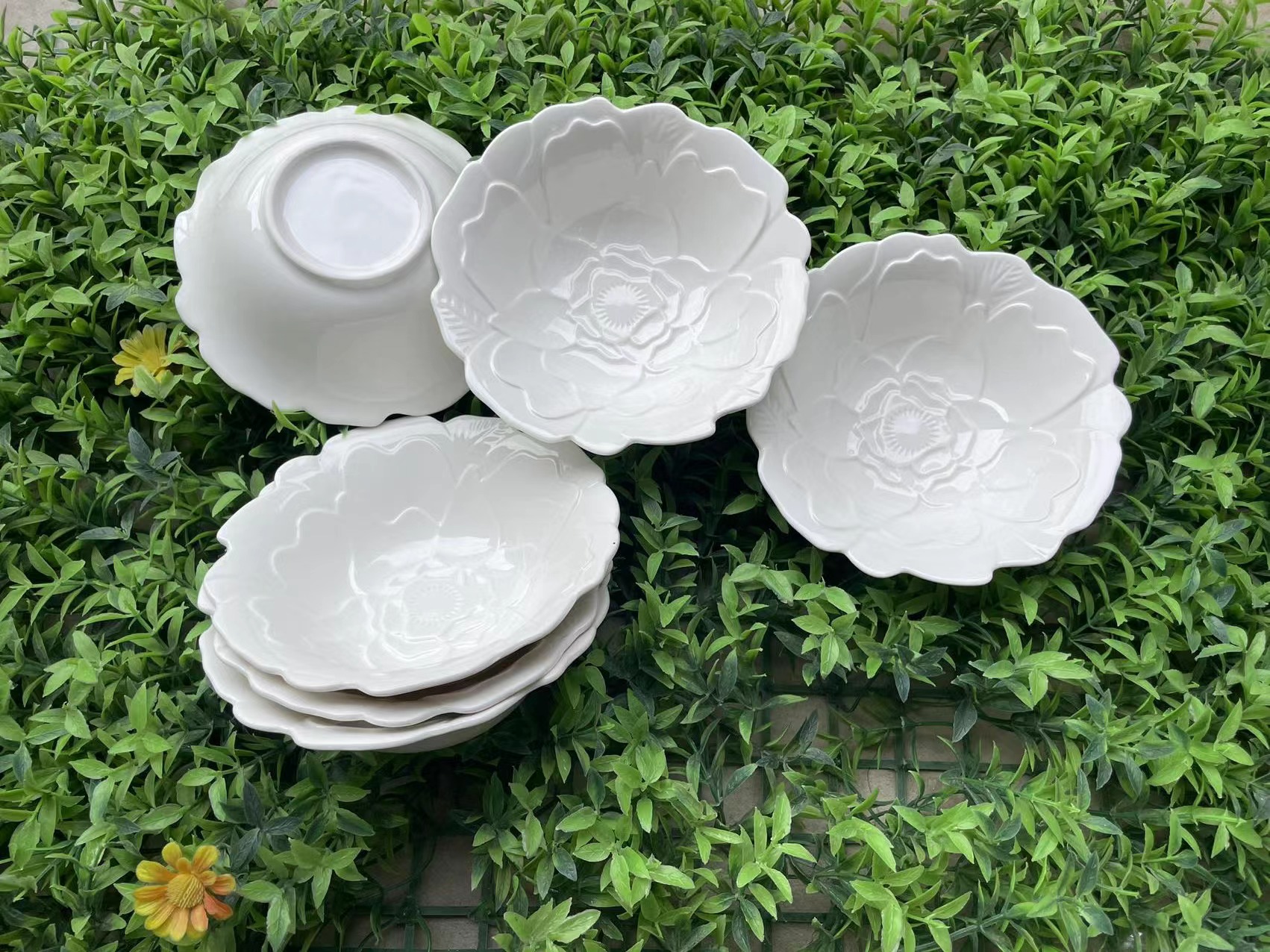 6个纯白牡丹花朵陶瓷米饭碗5.5寸家用餐具