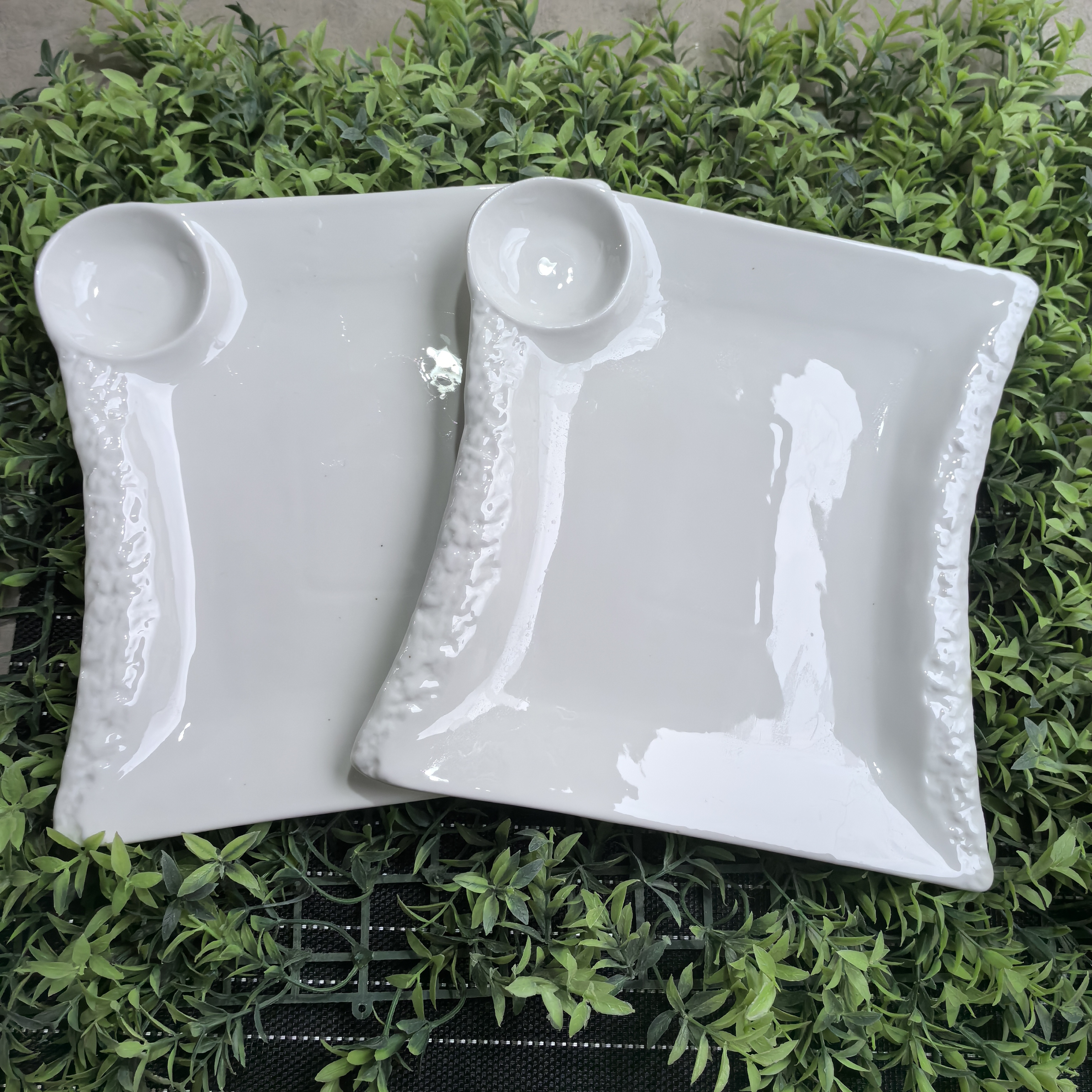 （微瑕）两个四方岩石纹浮雕家用陶瓷盘子饺子盘摆盘虾盘