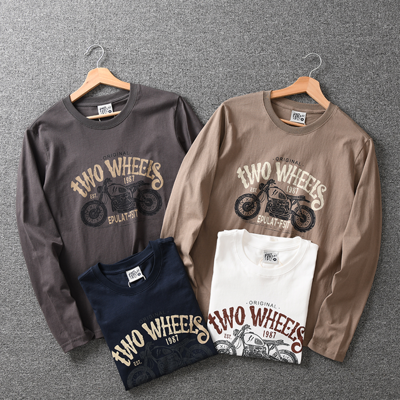 机车印花秋季男装水洗全棉面料男士长袖T恤无感印花纯棉男t打底衫