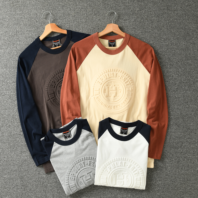 秋季 新品 3D凸印 复古T恤 100%水洗全棉 男士长袖T恤打底衫T恤男