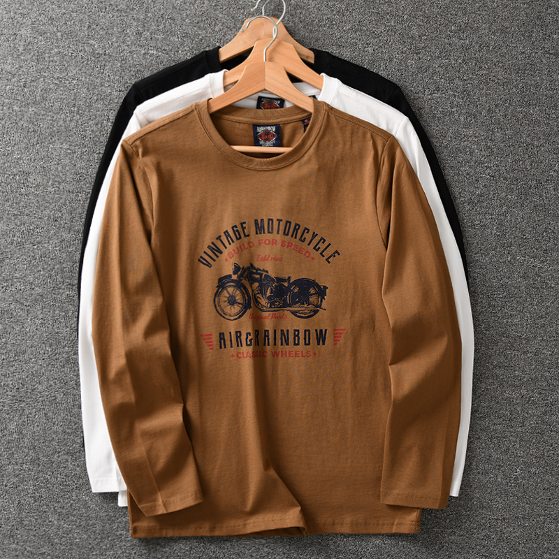 外贸男装 日单秋款 自行车印花全棉男士长袖T恤男士大码打底衫男T