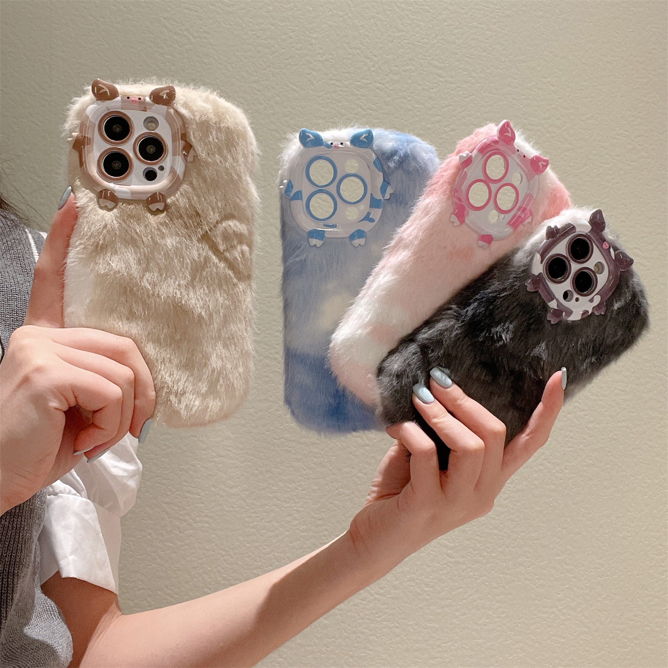 苹果iphone15/14/13/12/11ProMax秋冬款毛绒晕染色小猪镜头卡通