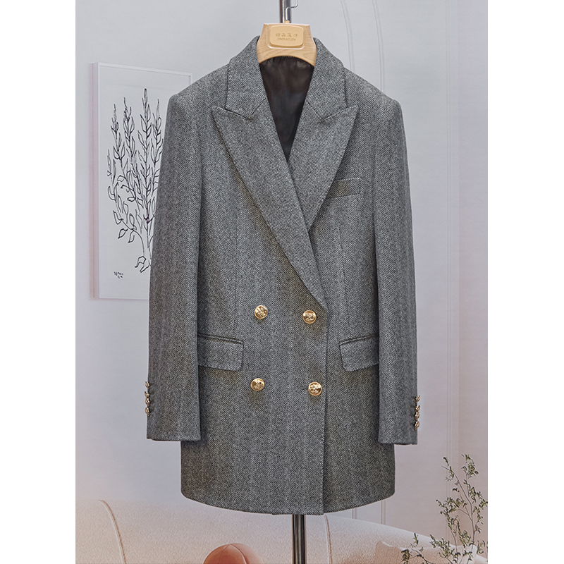 森语冬季新款 高级感西装外套女士冬季通勤气质上衣双排4扣人字纹