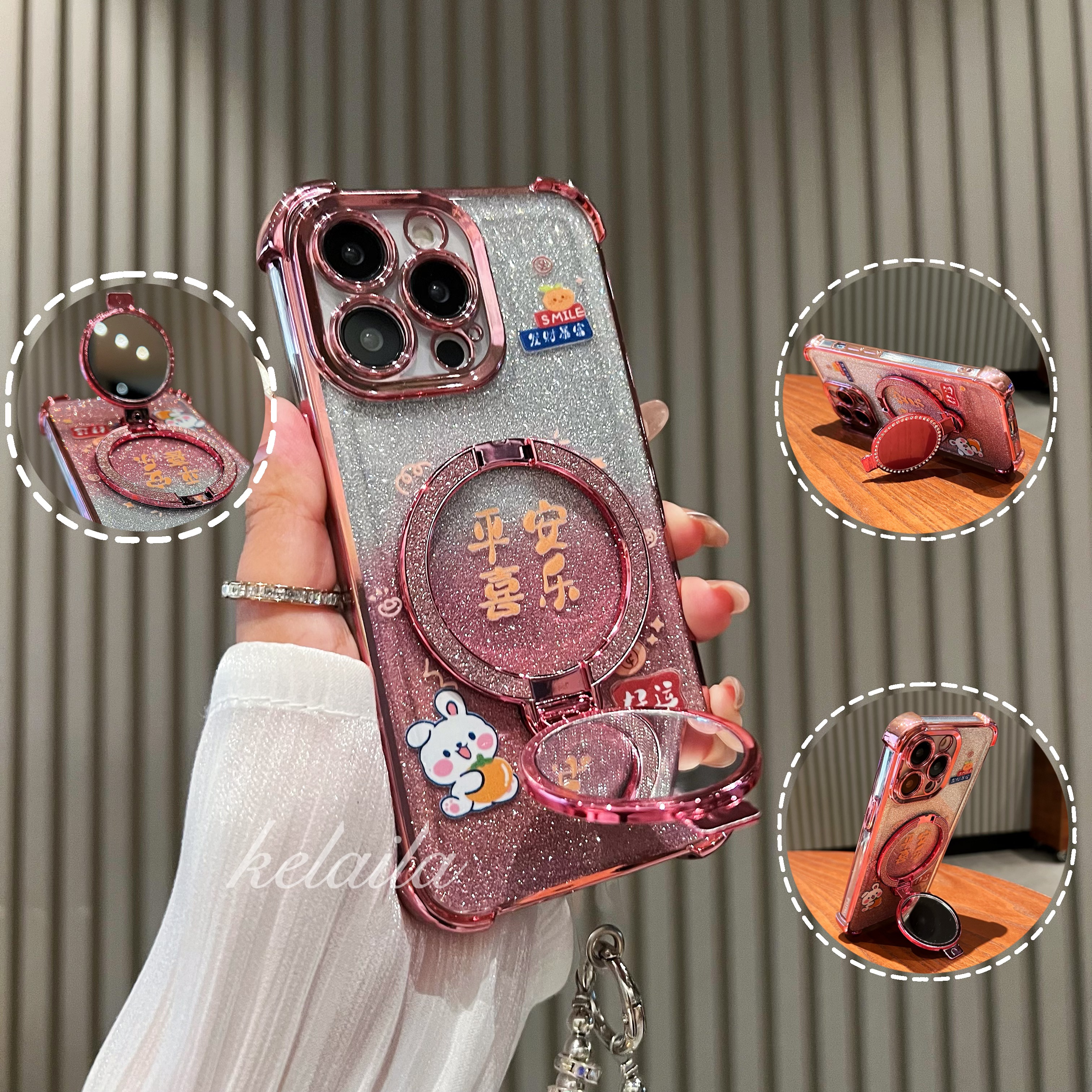 【电镀气囊平安喜乐补妆镜支架】适用苹果16华为VIVO荣耀OPPO手机壳