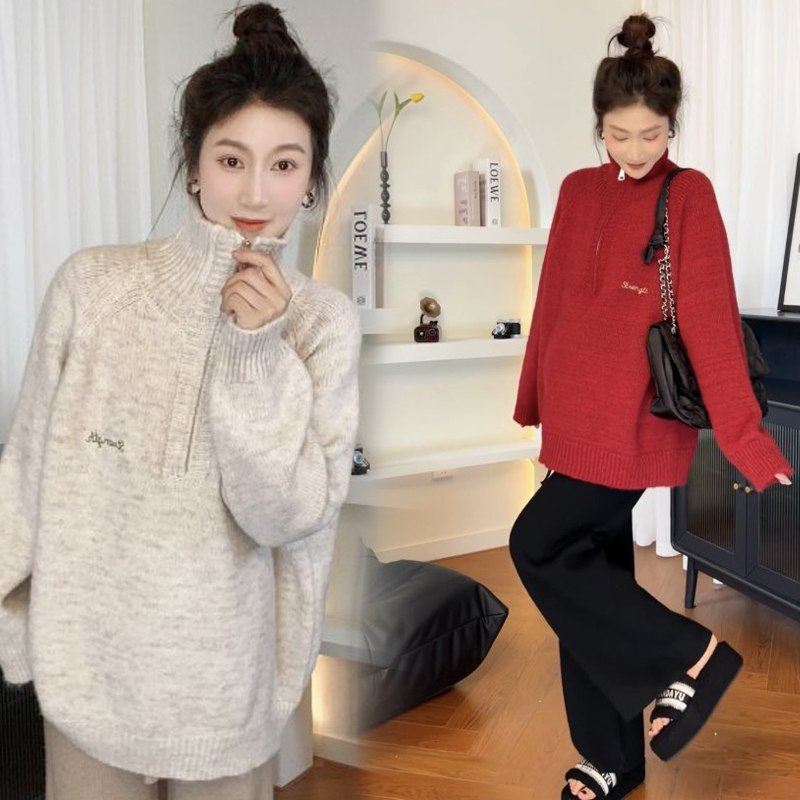 孕妇装秋冬新款拉链刺绣针织衫毛衣外穿宽松百搭加厚半高领上衣