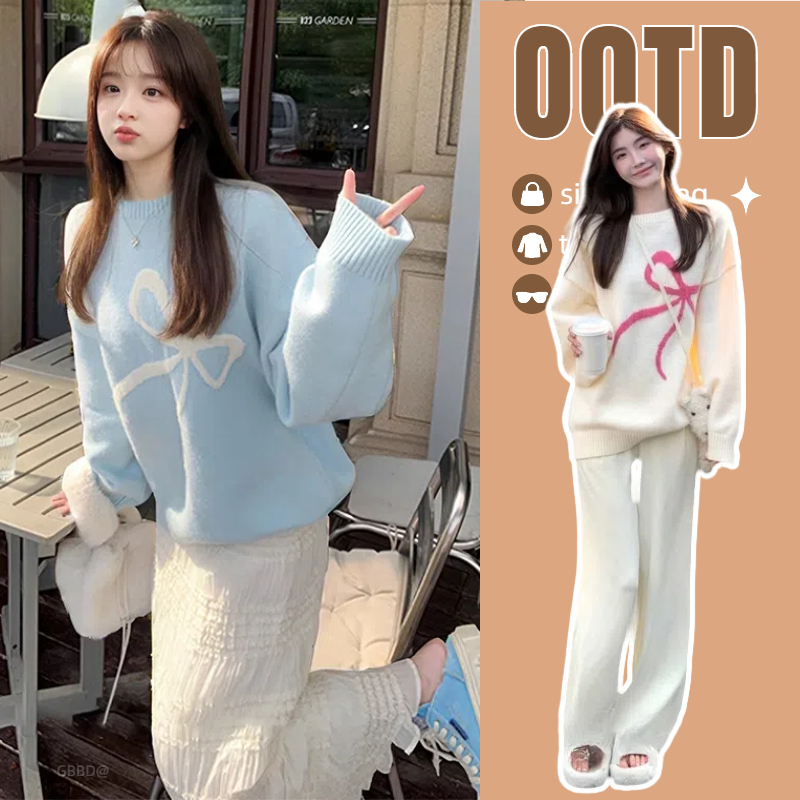 孕妇装秋装时尚慵懒风蝴蝶结针织毛衣新款宽松保暖洋气孕妇上衣