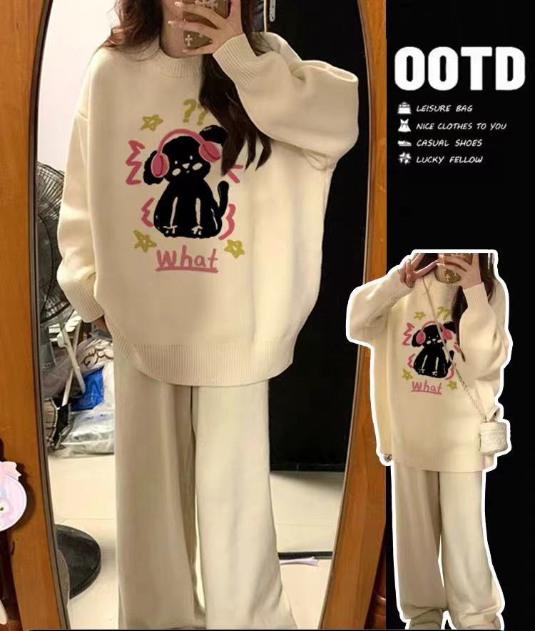 孕妇装秋冬新款卡通小猫咪针织衫毛衣宽松休闲减龄百搭大码上衣