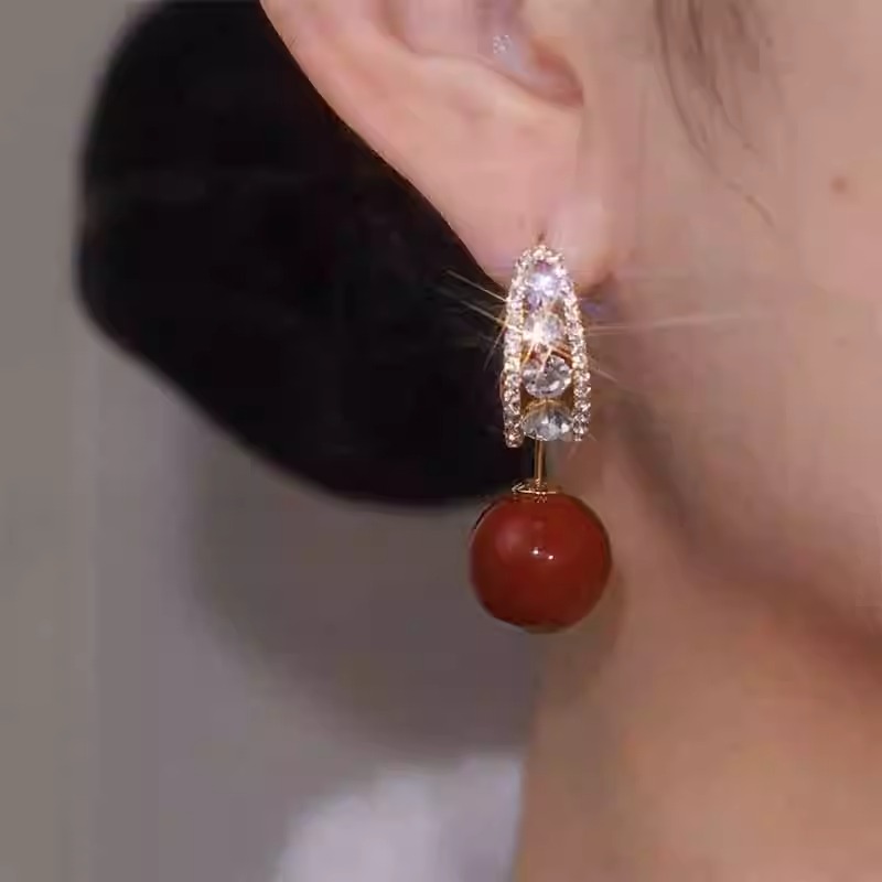 铜合金耳饰 珠珠百搭多戴红色珠珠耳环女轻奢高级感时尚气质N1479