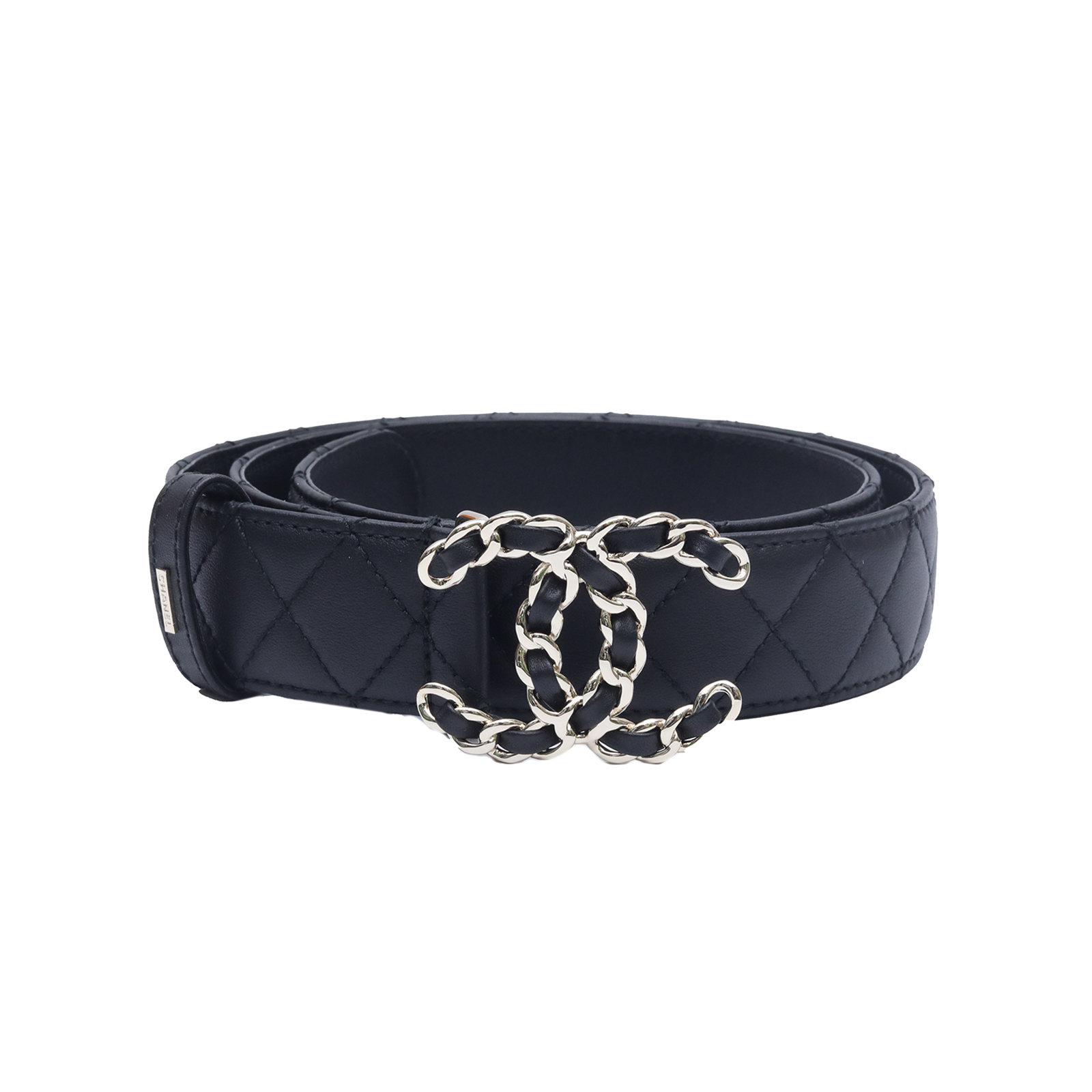 全新未使用  小花6珊 香奈儿 双c 菱格纹腰带 黑色皮革C 85cm