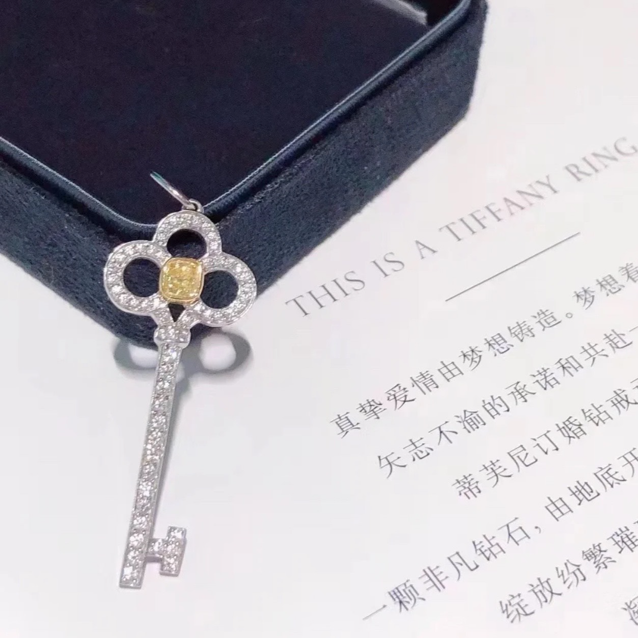 99新  小花6珊 蒂芙尼 鸢尾花系列 黄钻18k白金满钻 钥匙项链