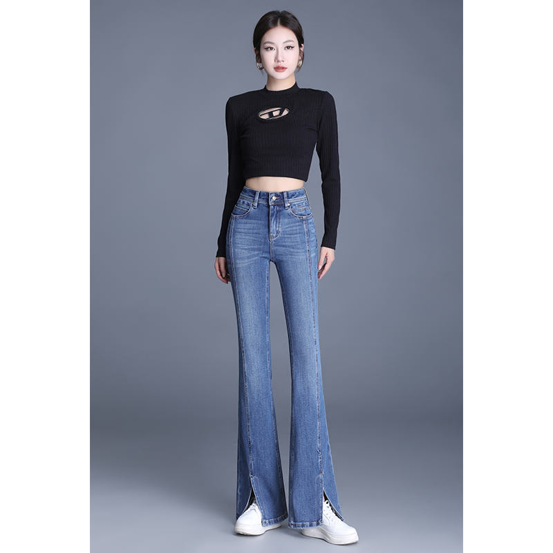 高腰牛仔裤女春秋显瘦时尚小个子修身微喇叭弹力开叉马蹄裤866