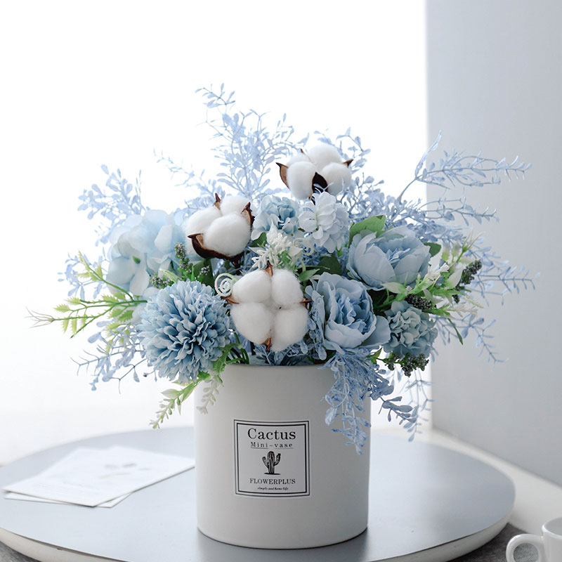 北欧现代淡蓝色冰雪芙蓉棉花糖假绢花仿真花艺束餐桌花瓶