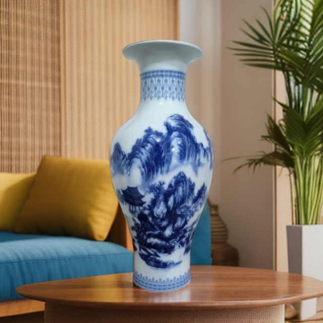 景德镇陶瓷青花鱼尾赏瓶玄关客厅电视柜玄关柜瓷器花瓶摆件