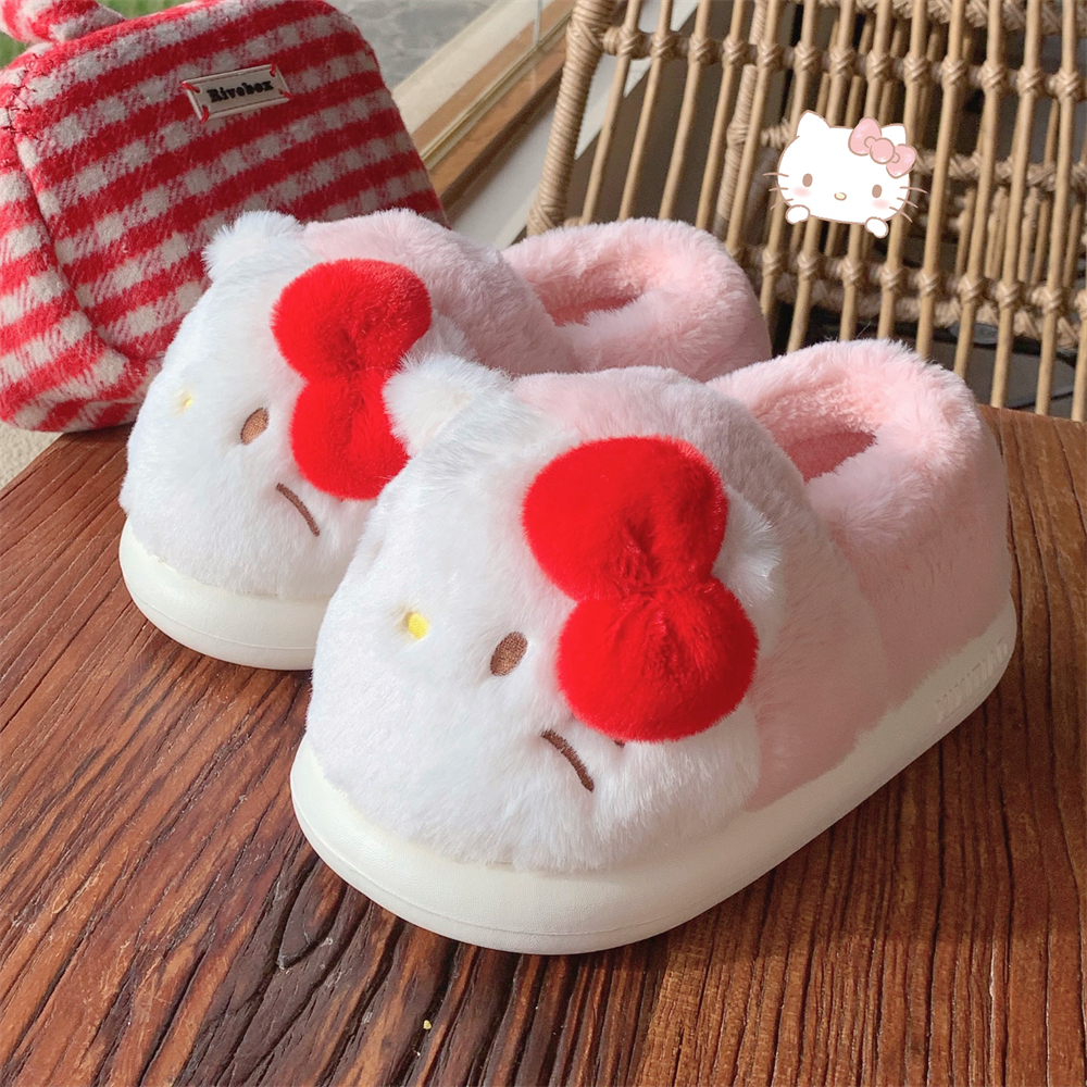 细细条 女冬卡通可爱凯蒂猫亲子棉拖鞋保暖毛绒包跟软底月子鞋
