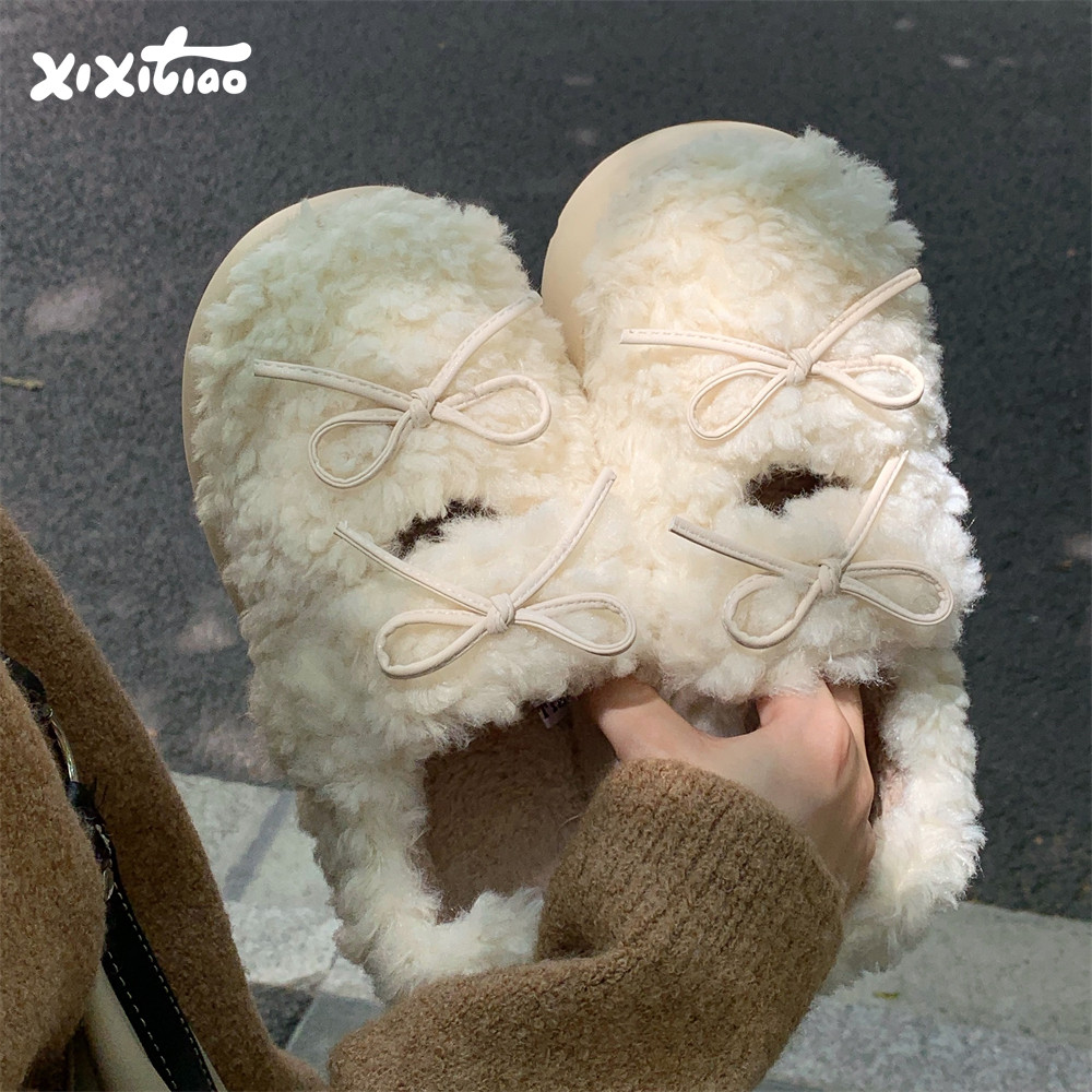 细细条 冬季外穿仙女风百搭休闲毛绒棉鞋女网红蝴蝶结亲子豆豆鞋