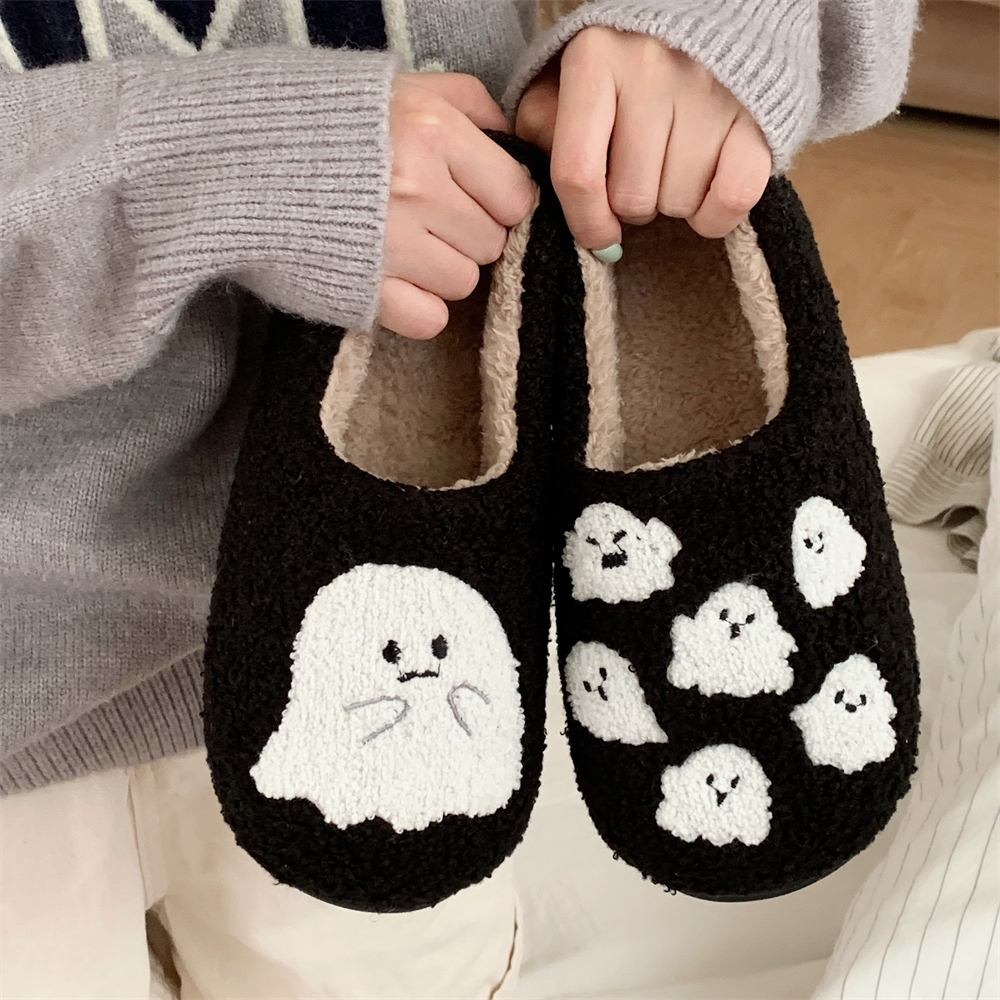 细细条 保暖家居情侣室内毛毛鞋万圣节可爱小幽灵冬季棉拖鞋男女