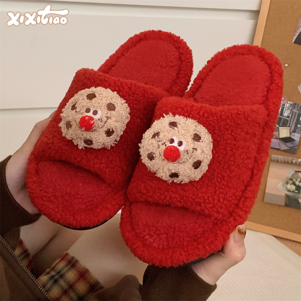 细细条 新款男女防滑居家拖鞋秋冬结婚喜庆红鼻子曲奇饼干棉拖鞋