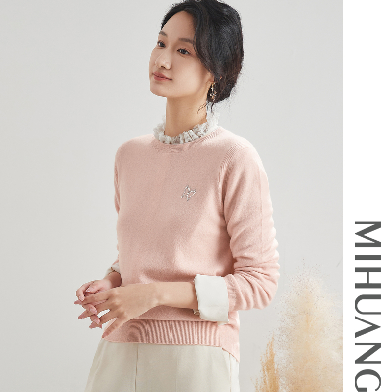 米皇25秋冬新款圆领烫钻羊绒百搭款打底女衫532215