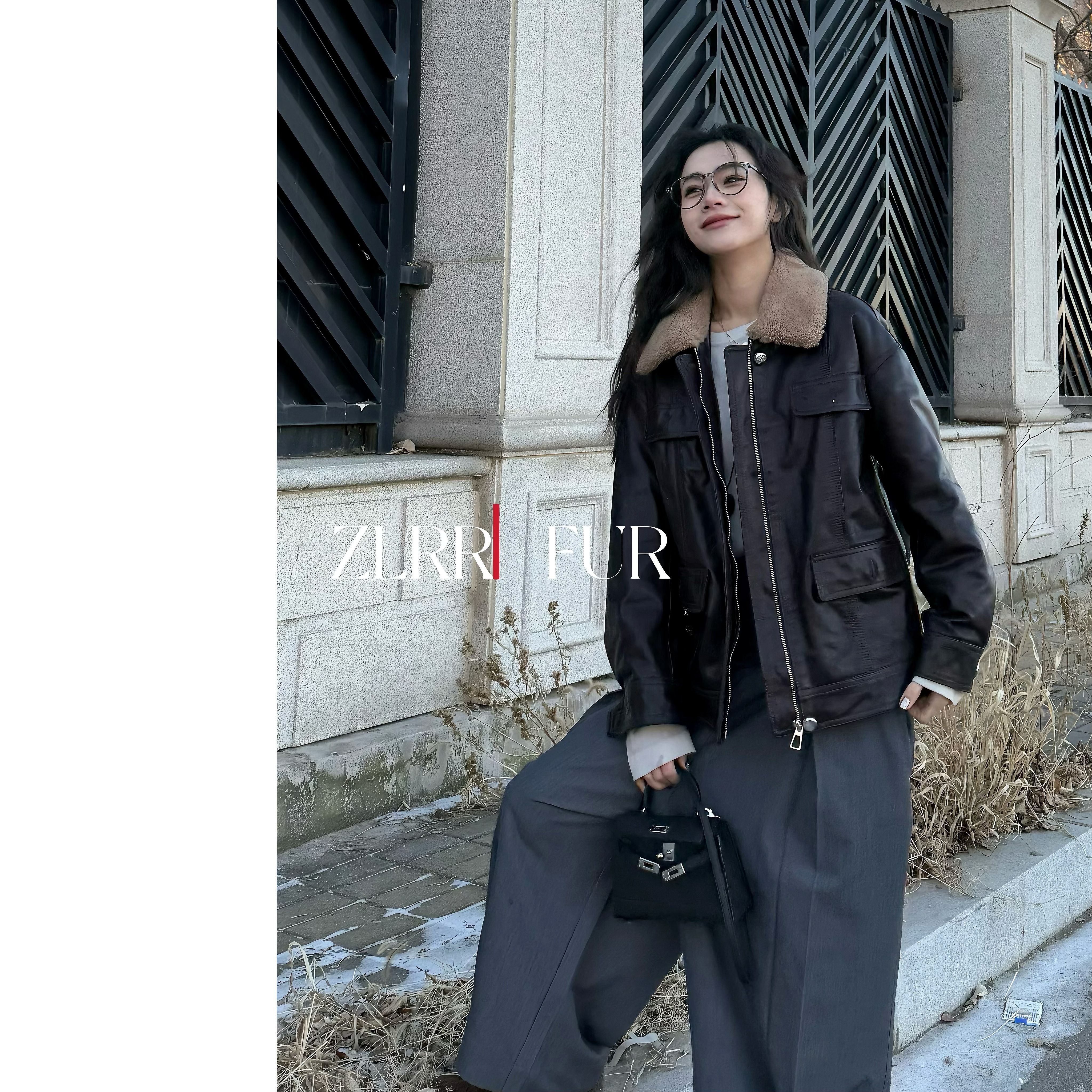 【ZLRR】冬款绵羊皮油蜡皮宽松版羊羔毛领夹克机车羽绒外套662