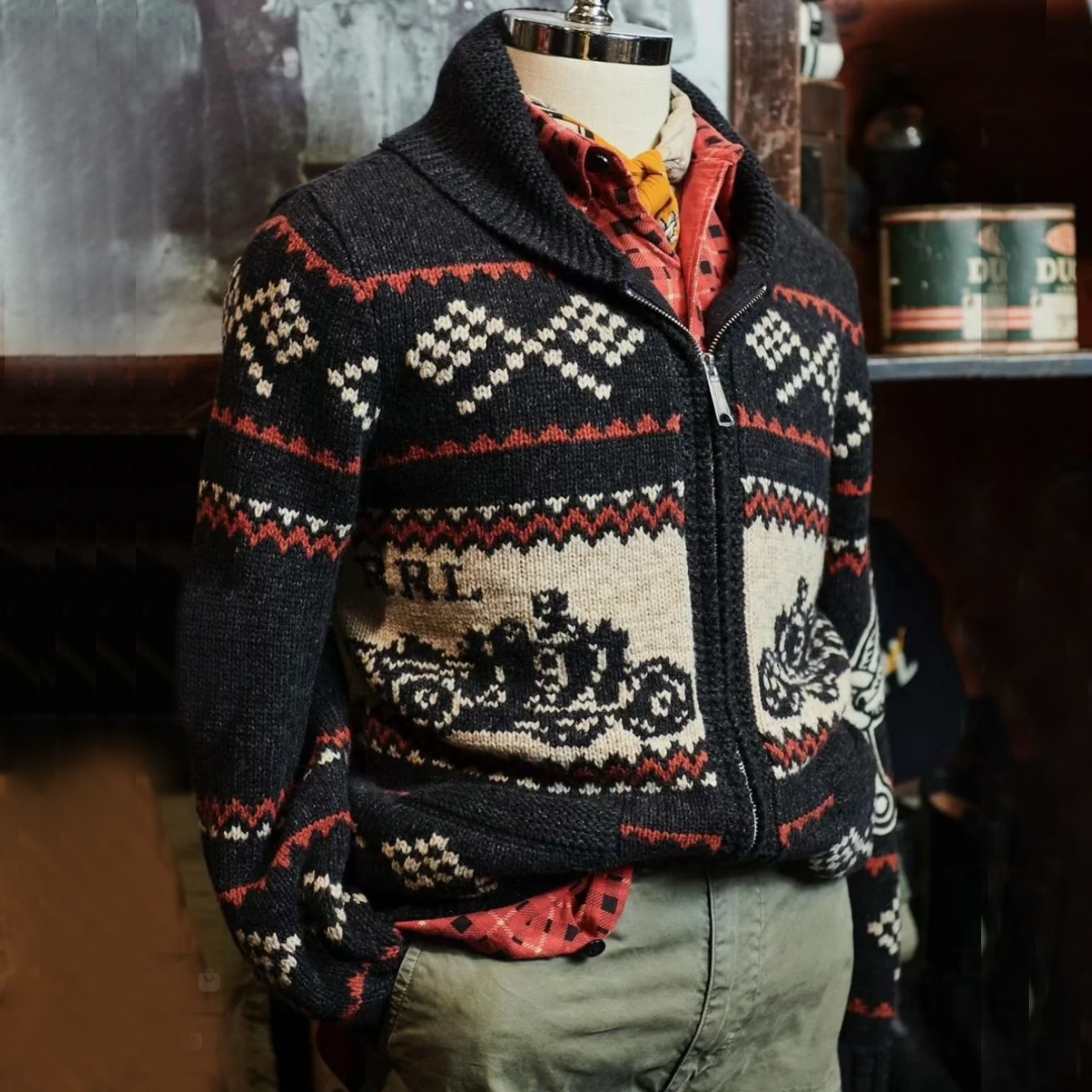 CIDU/刺度机车俱乐部羊毛针织提花开衫加厚保暖