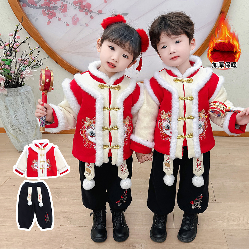男女宝汉服拜年服加绒加厚洋气宝宝中国风唐装喜庆年服秋冬套装